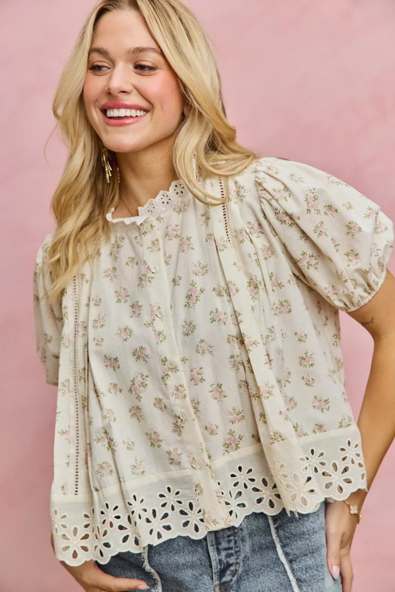 Floral Print Lace Trim Short Sleeves Blouse