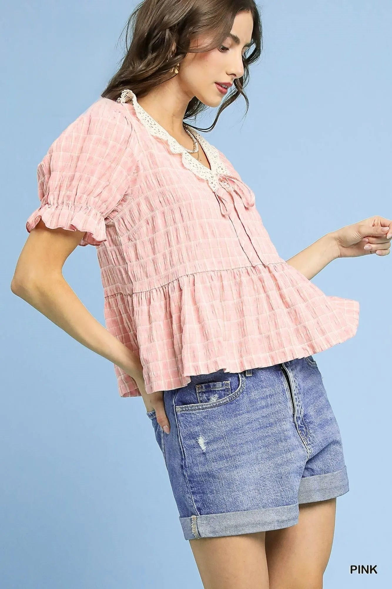 Short Sleeve Gingham Lace Peplum Blouse