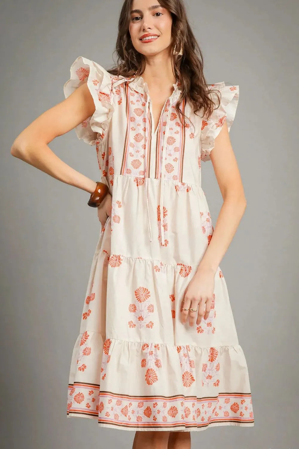 Printed Tie Neck Ruffle Cap Sleeve Dress