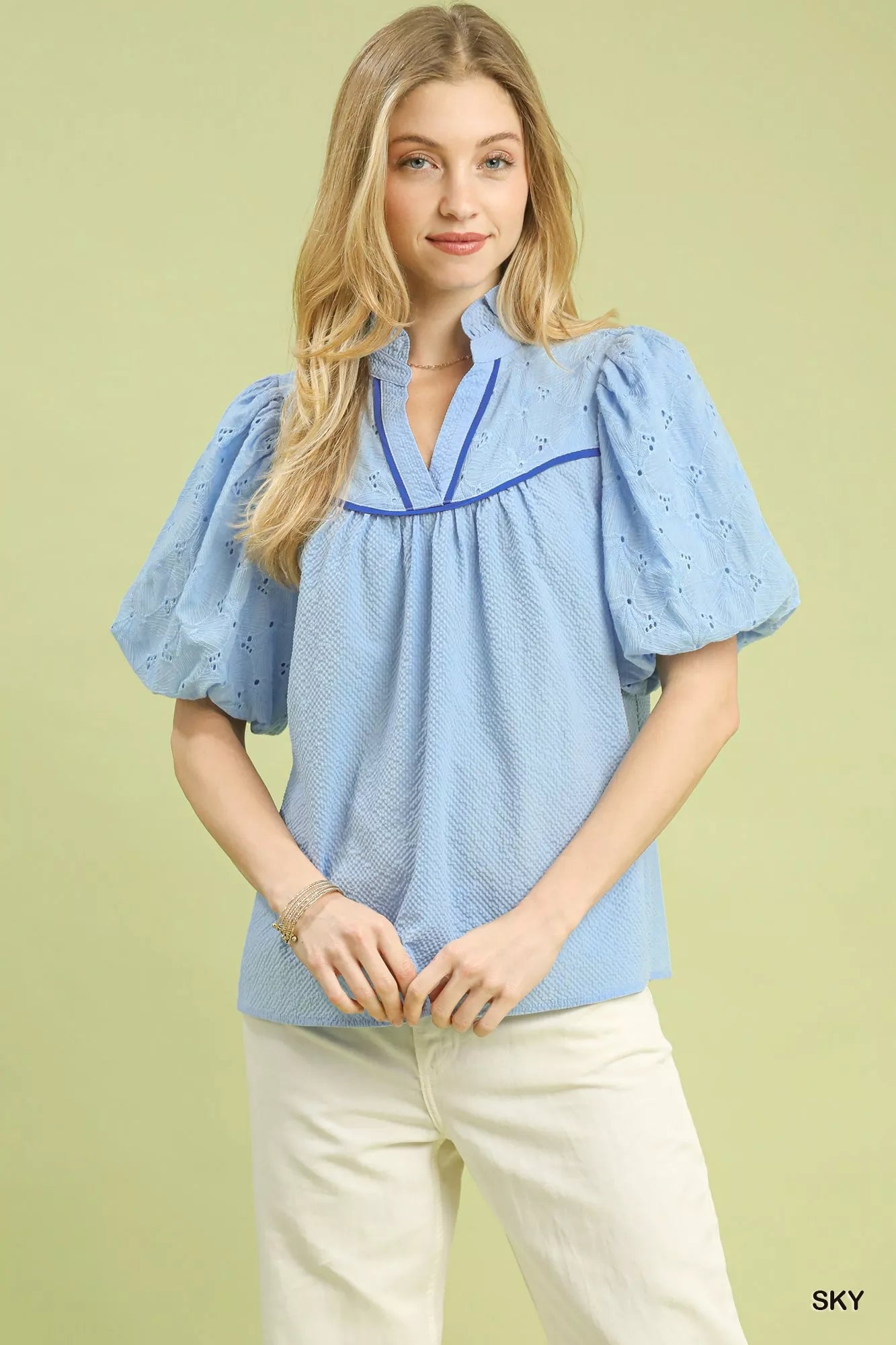Puff Sleeve Eyelet Mix Top with Contrast Piping