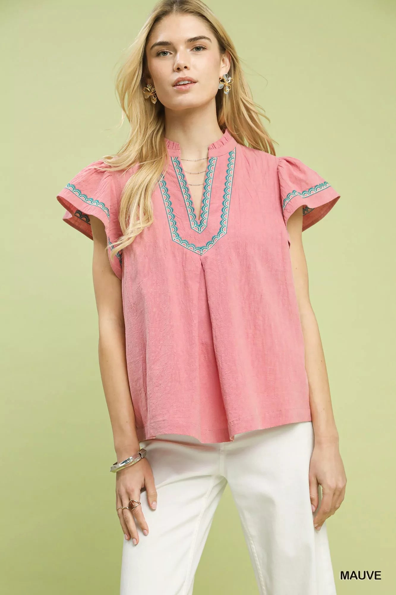 Embroidered Flutter Sleeve Blouse