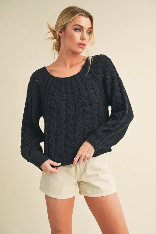 Cable-Knit Openwork Round Neck Sweater