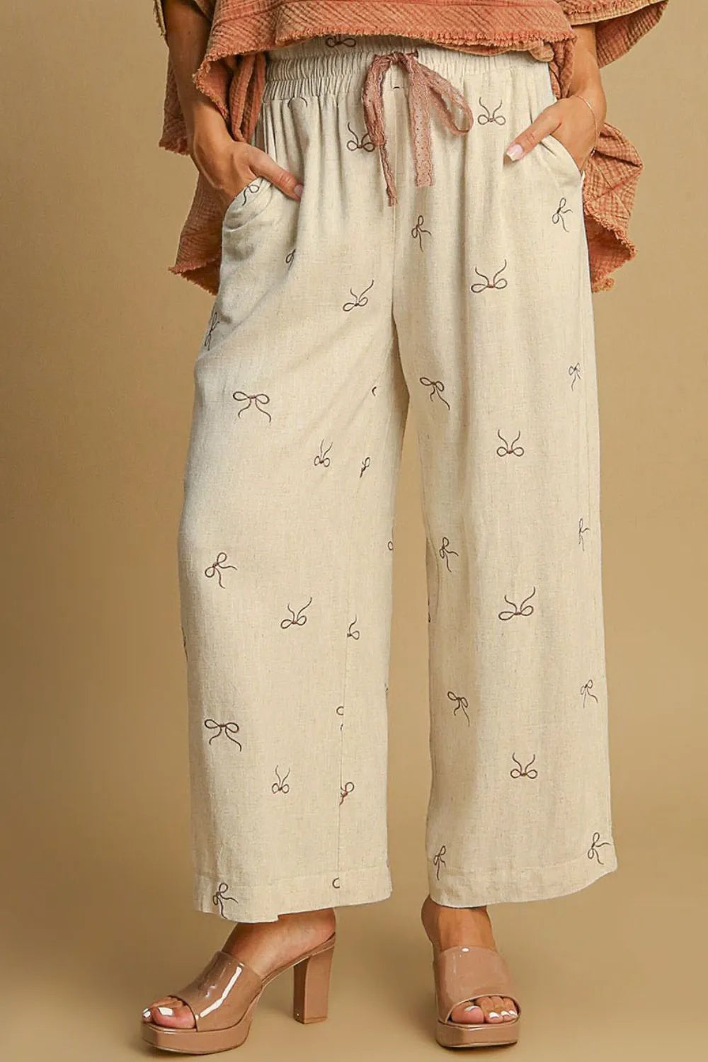 Full Size Lace Drawstring Embroidered Bow Wide Leg Pants Plus Size
