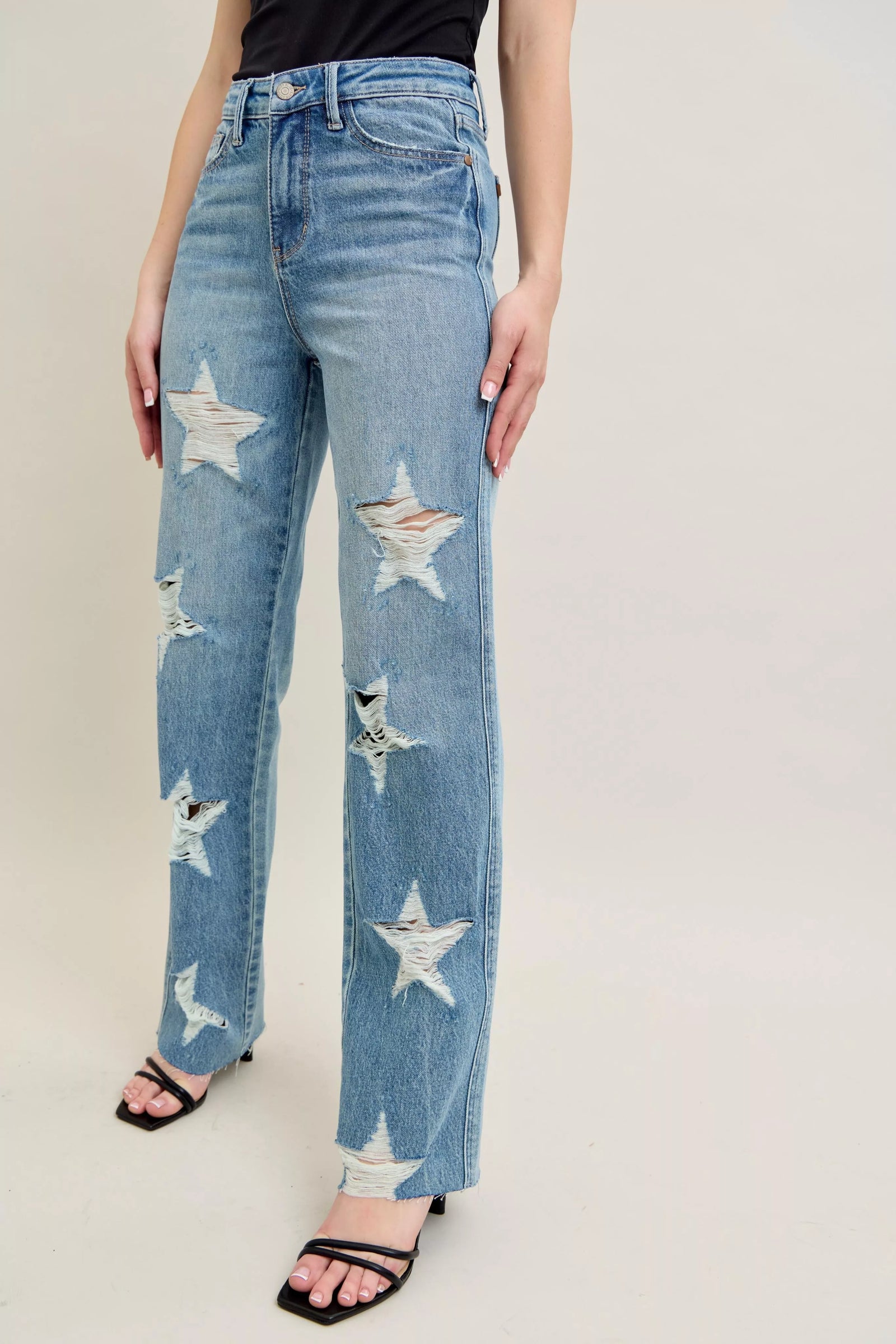 Full Size High Waist  Rigid Magic Star Shaped Destroy 90's Straight Jeans Plus Size