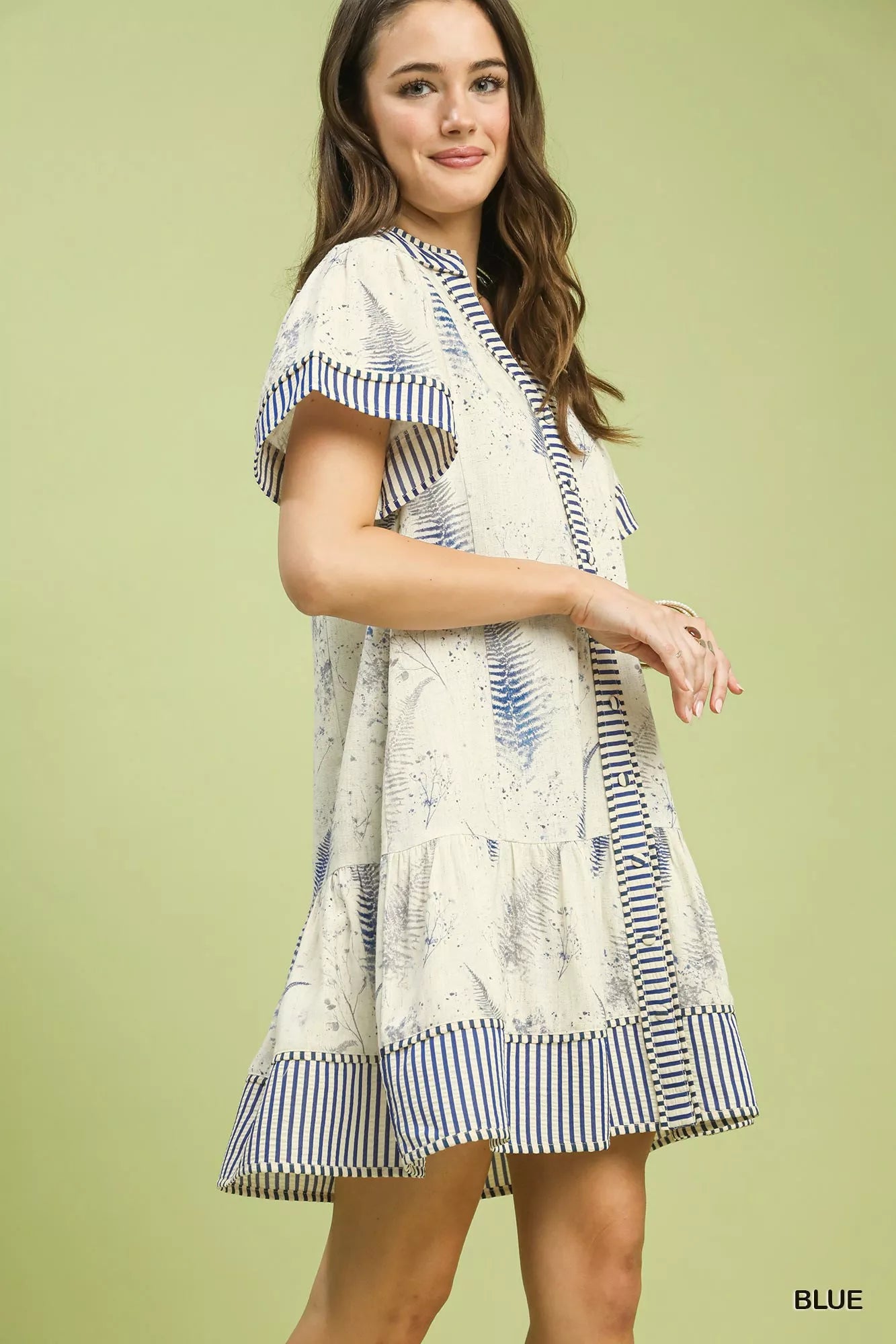 Linen Printed Button-Front Tiered Mini Dress
