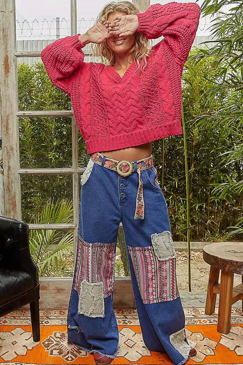 Cable-Knit Solid V-Neck Cropped Sweater