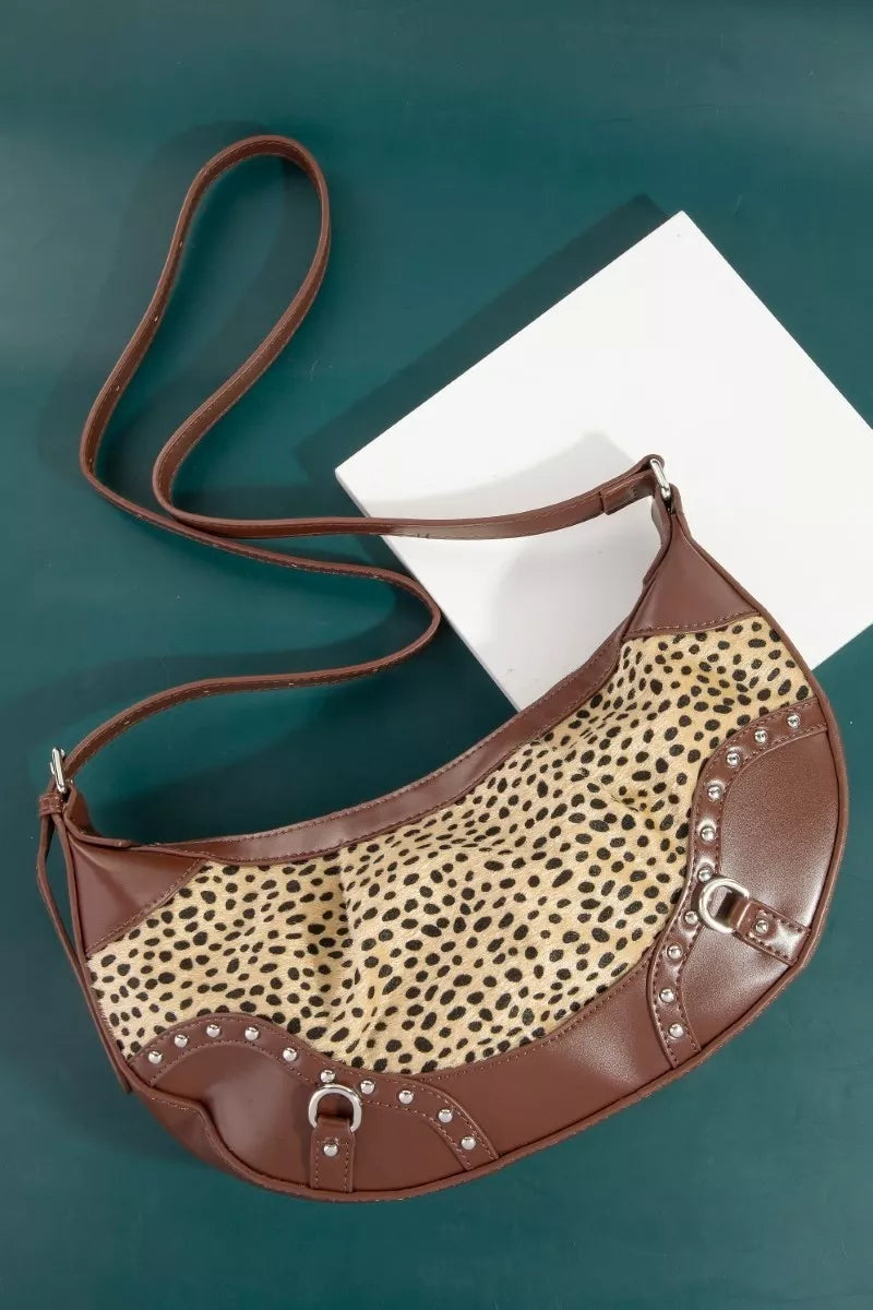 Spotted Leopard Print Half Moon Shoulder Bag