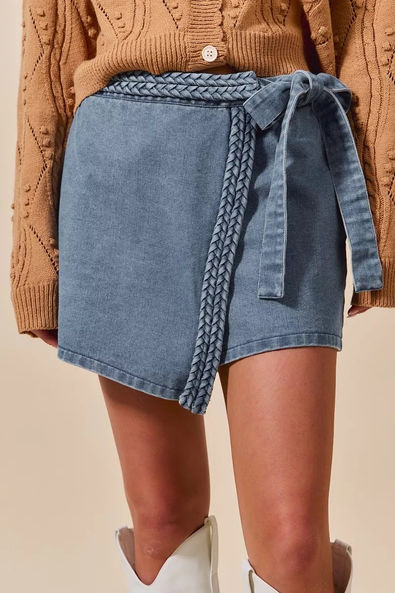 Wrap Braided Trimmed Denim Skort