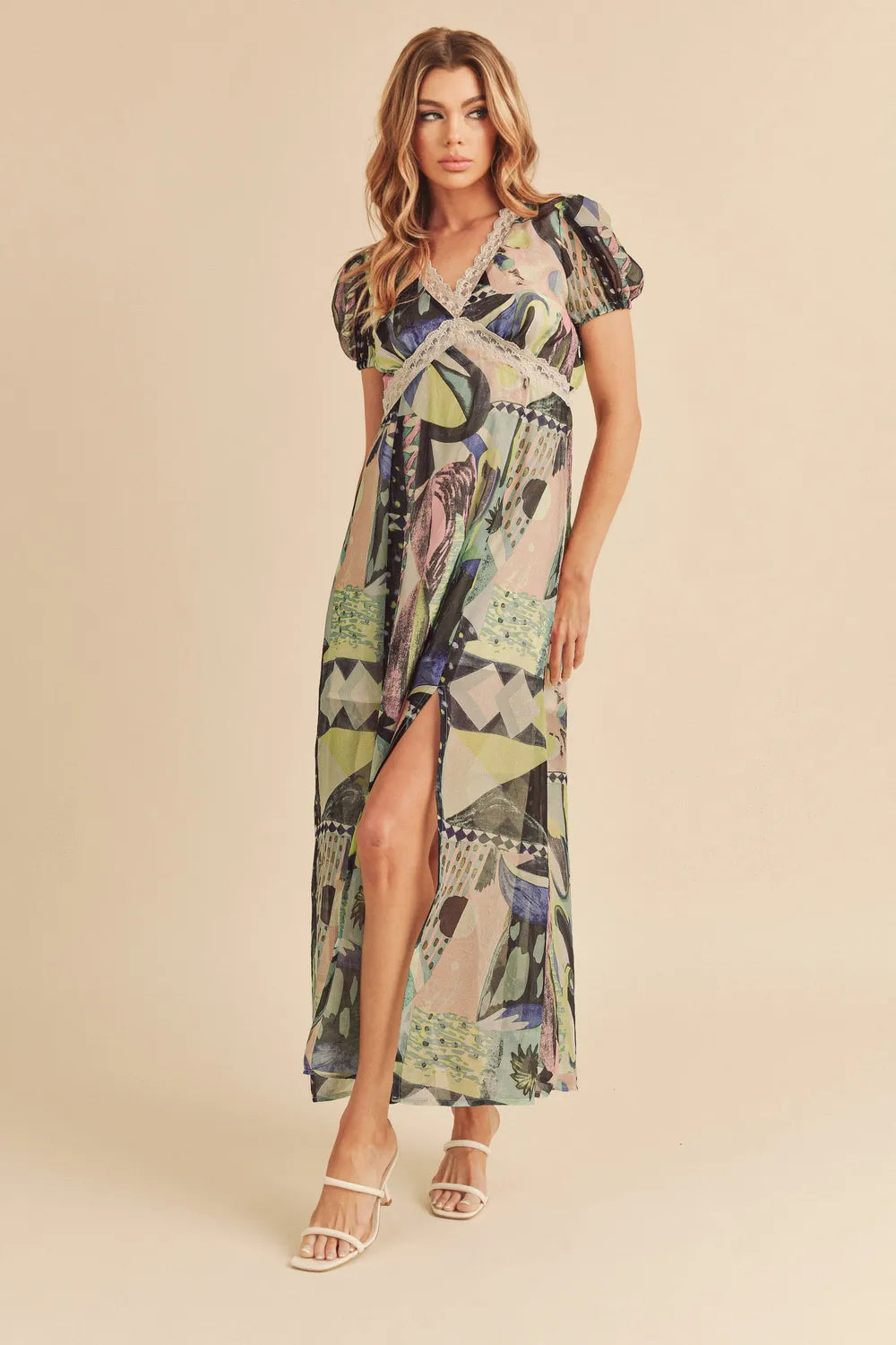 Lace Detail Slit Geometric Print Short Sleeve Maxi Dress