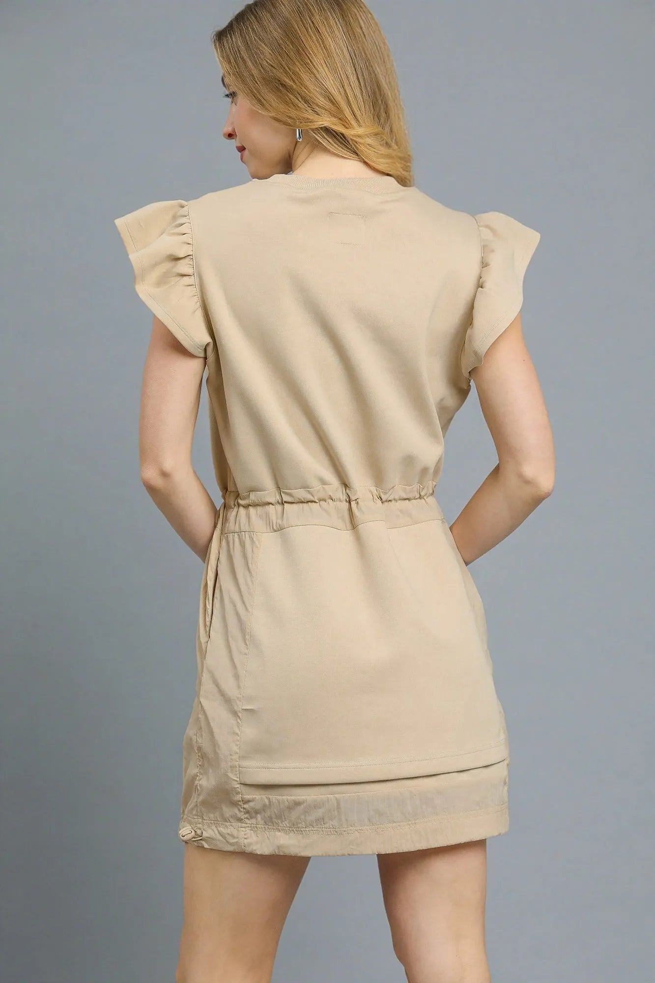 Luxe knit Ruffle Sleeve Drawstring Mini Dress