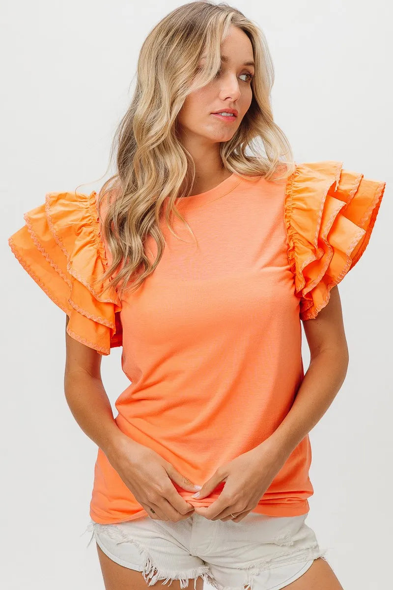 Knit Top Woven Ruffle Tiered Sleeves