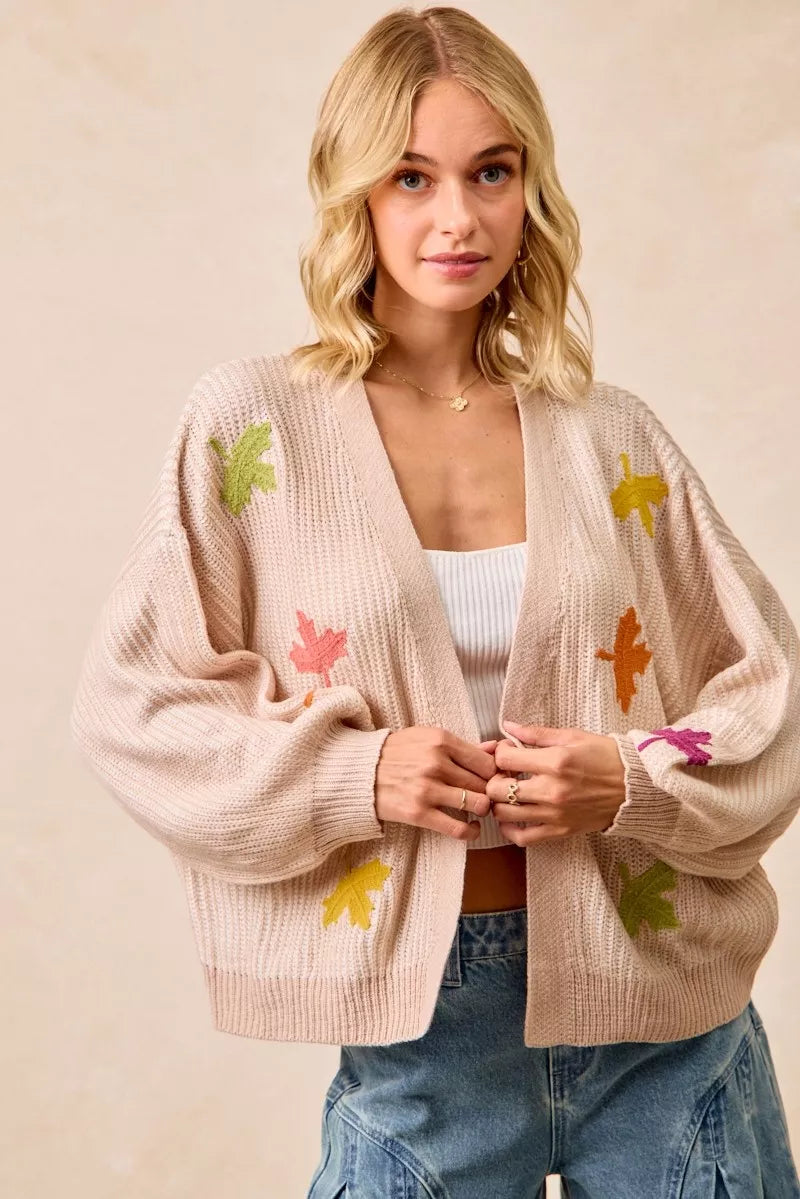 Two Tone Knit Cardigan with Leaf Patches