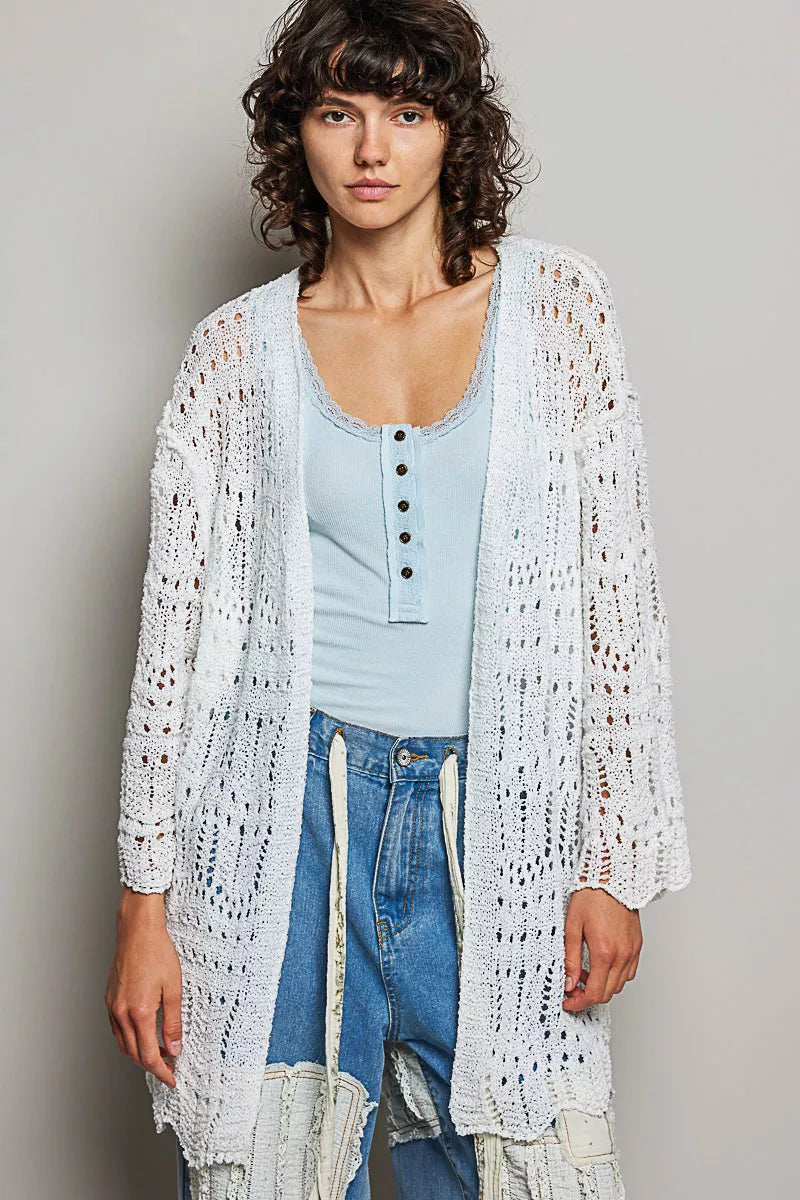 Openwork Lightweight Open Front Cardigan with Scalloped Edge