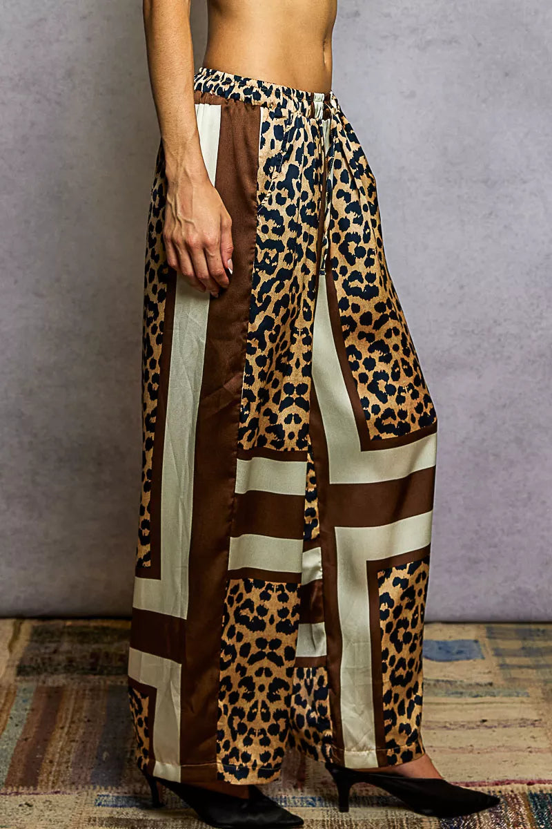 Leopard Printed Woven Wide Leg Drawstring Pants