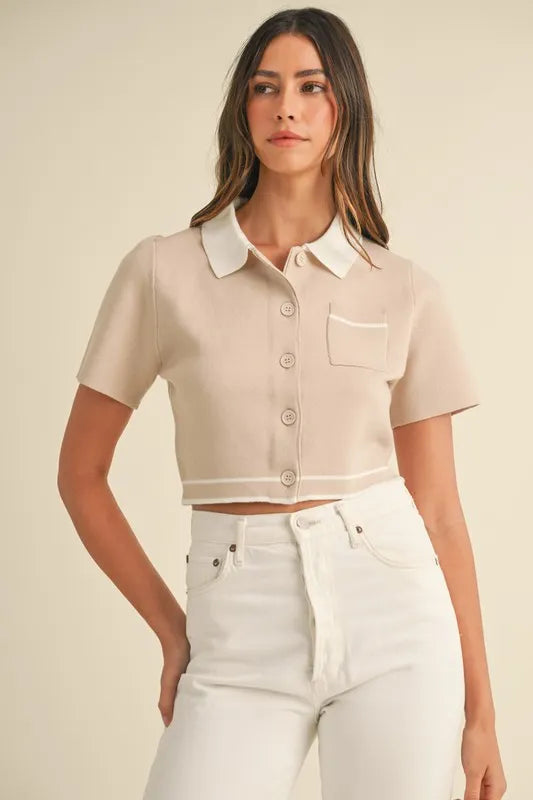Button Down Contrast Collared Knit Cardigan