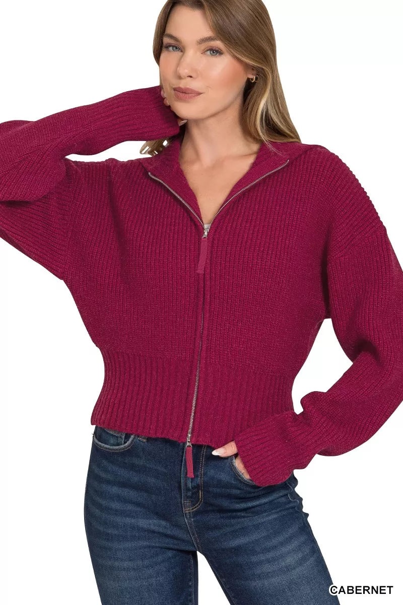 Ribbed Collared Zip Up Sweater Cardigan
