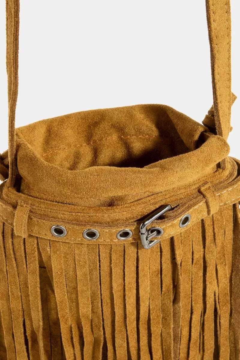 Long Fringe Bucket Shoulder Bag