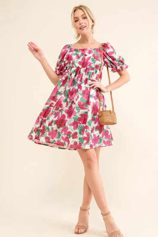 Smocked Floral Ruffle Short Sleeve Mini Dress