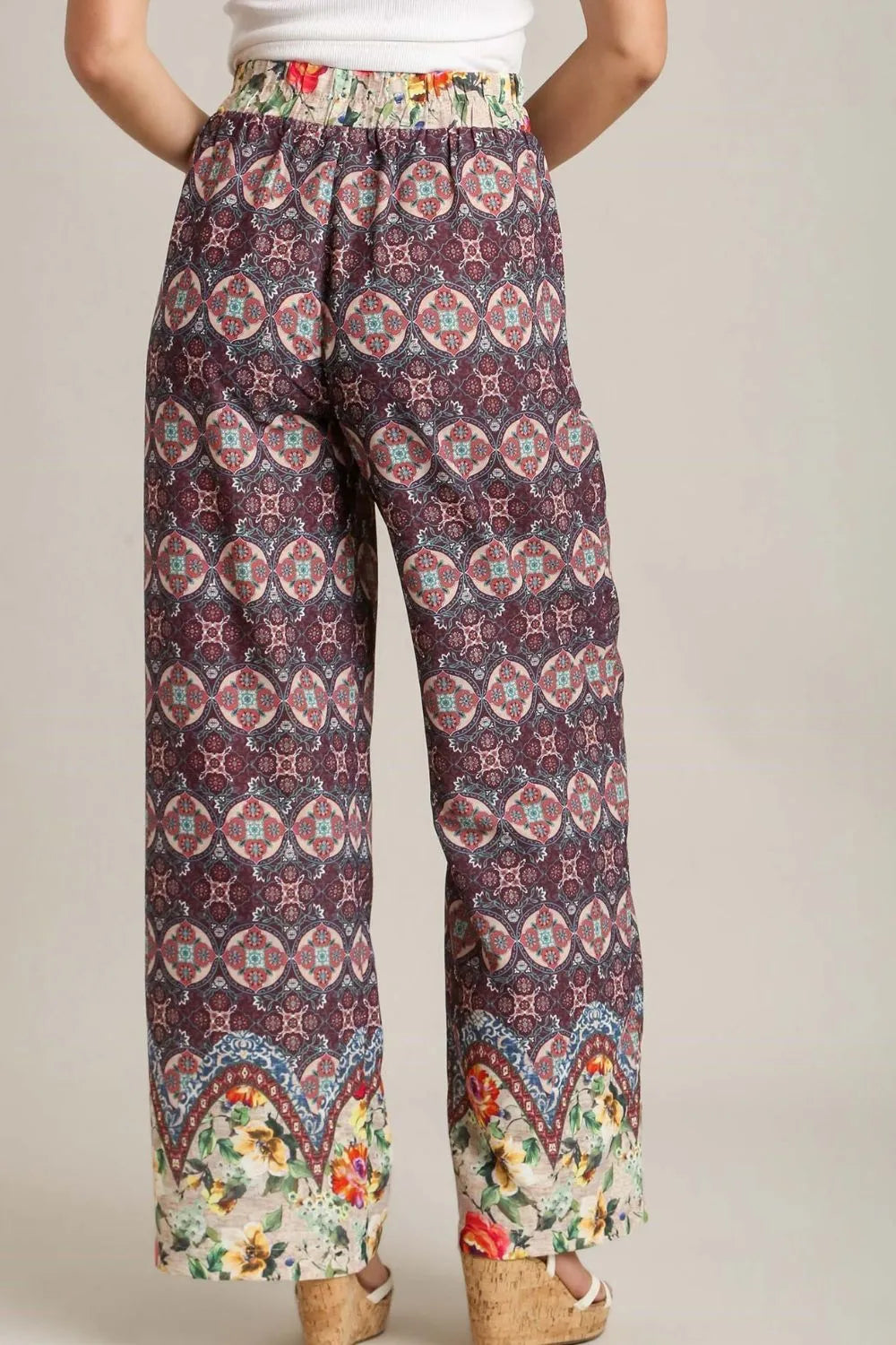 Full Size Mixed Print Elastic Waistband Pants Plus Size