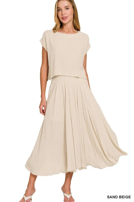 Woven Crinkle Gauze Crop Tee and Skirt Set