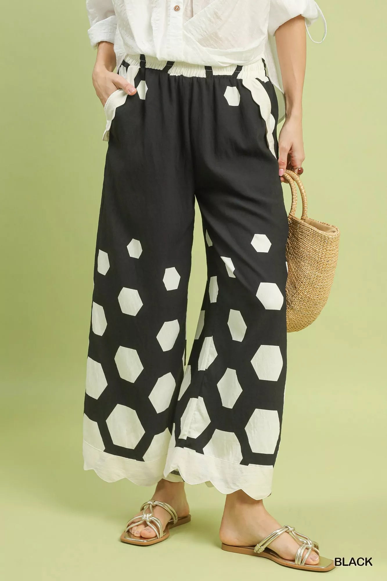 Hexagon Print Wide Leg Pants with Scalloped Hem