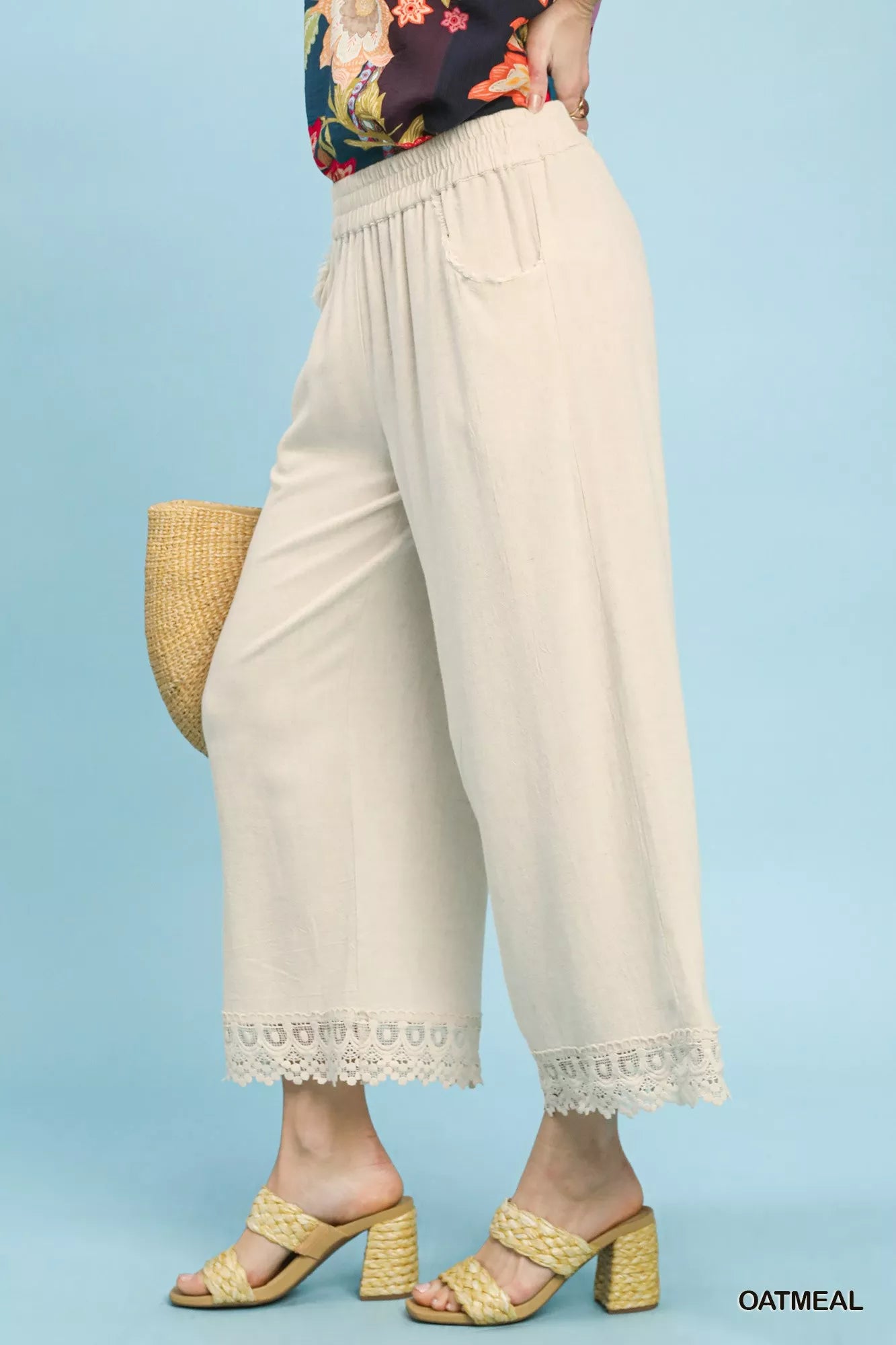 Linen Wide Leg Cropped Pants with Lace Trim