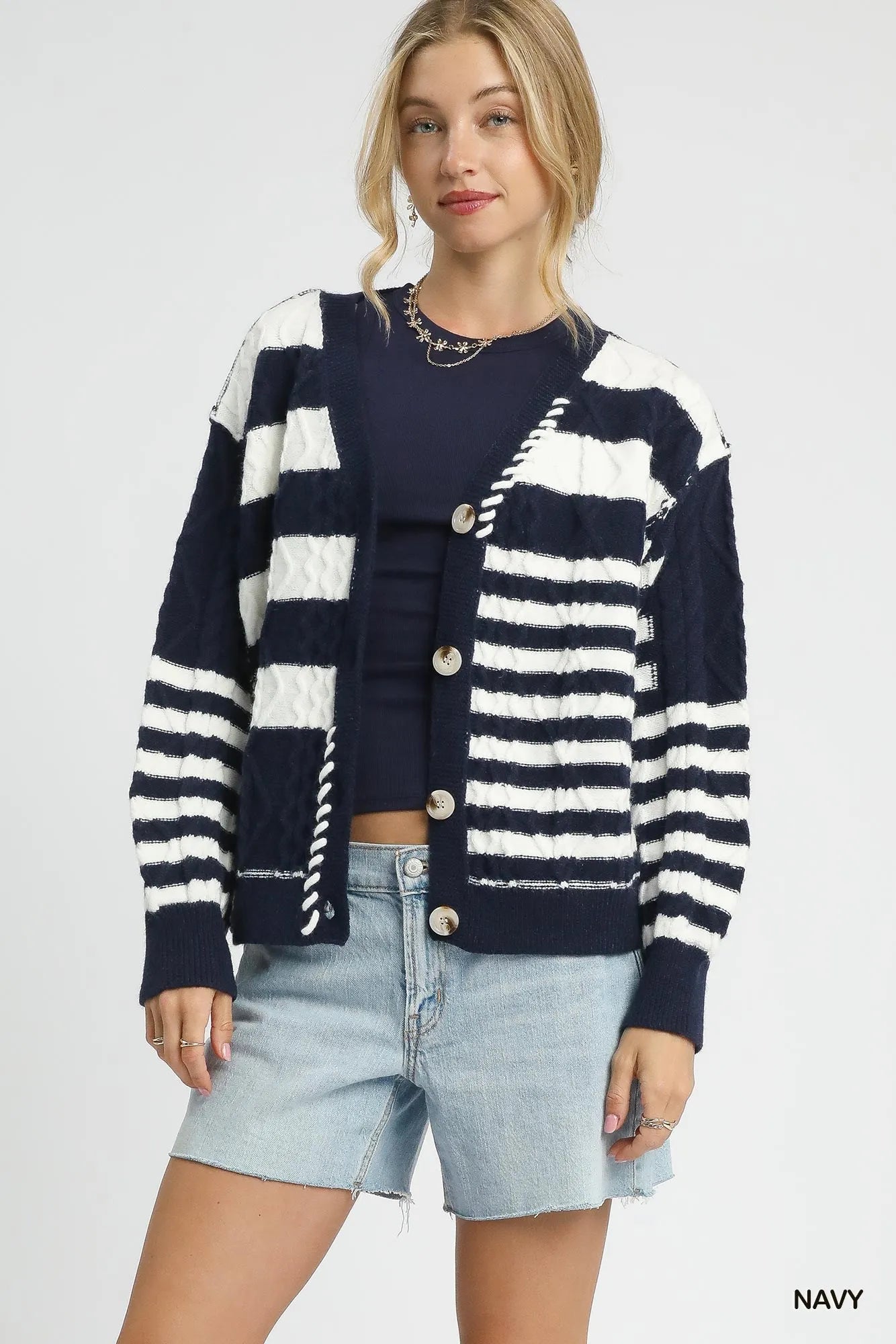 Cable-Knit Stripe Button-Up Cardigan