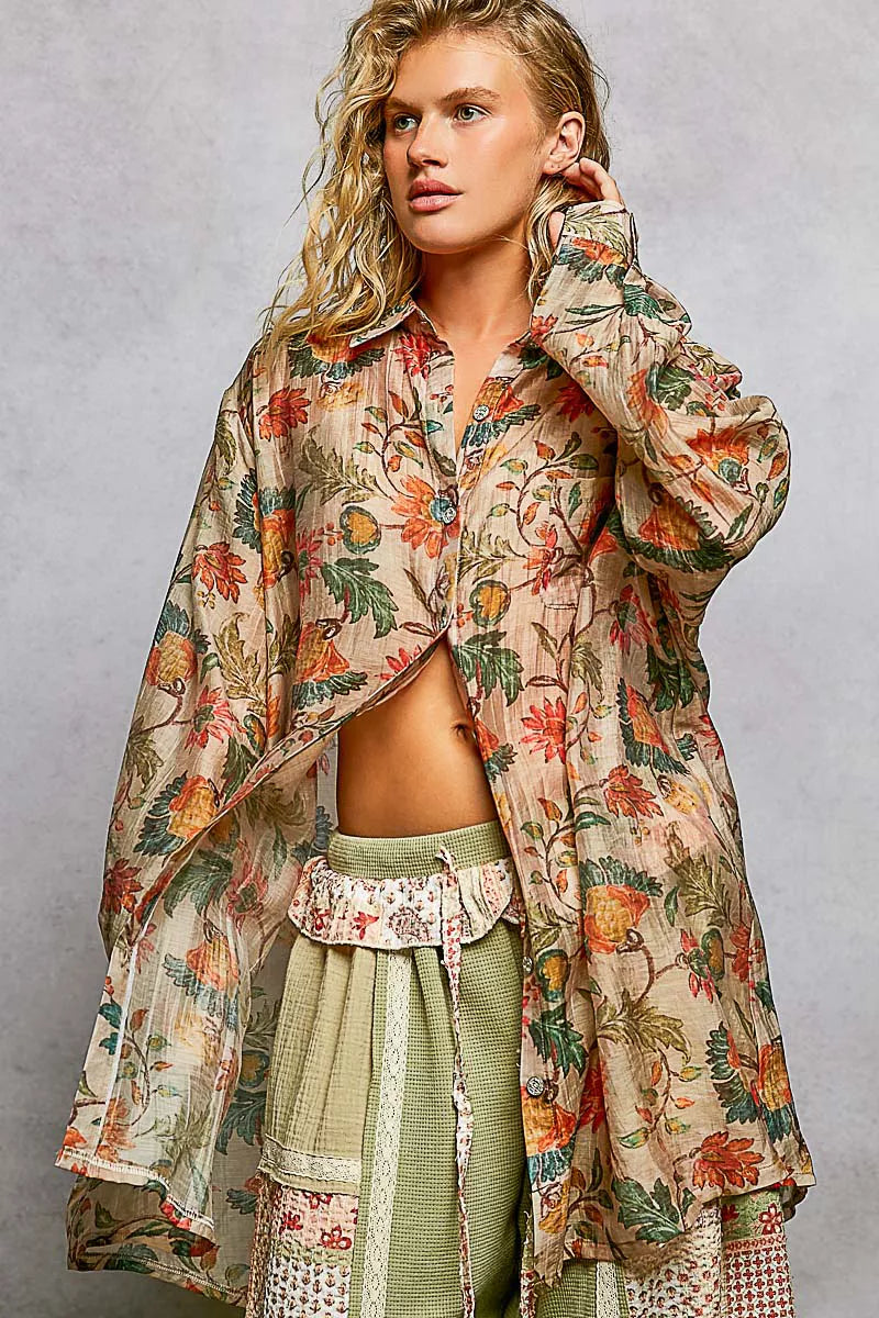 Metal Button Down Floral Long Sleeve Shirt