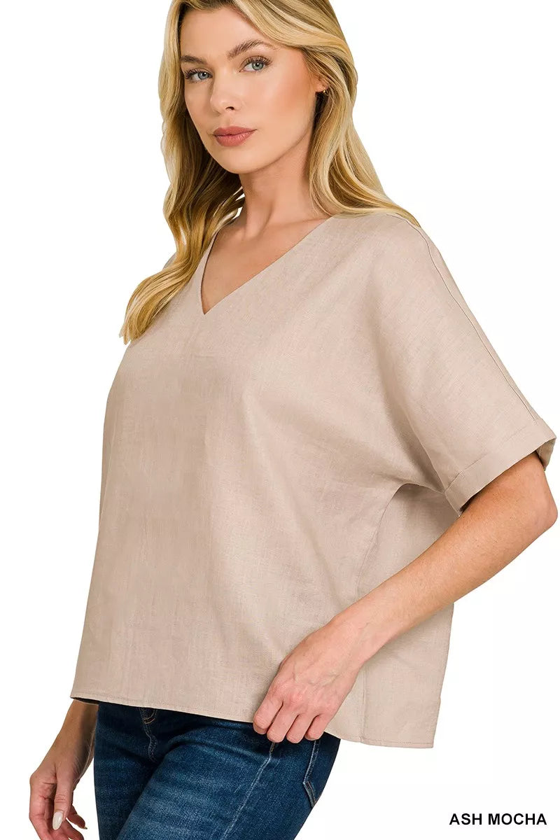 Linen V-Neck Cuffed Sleeve Top
