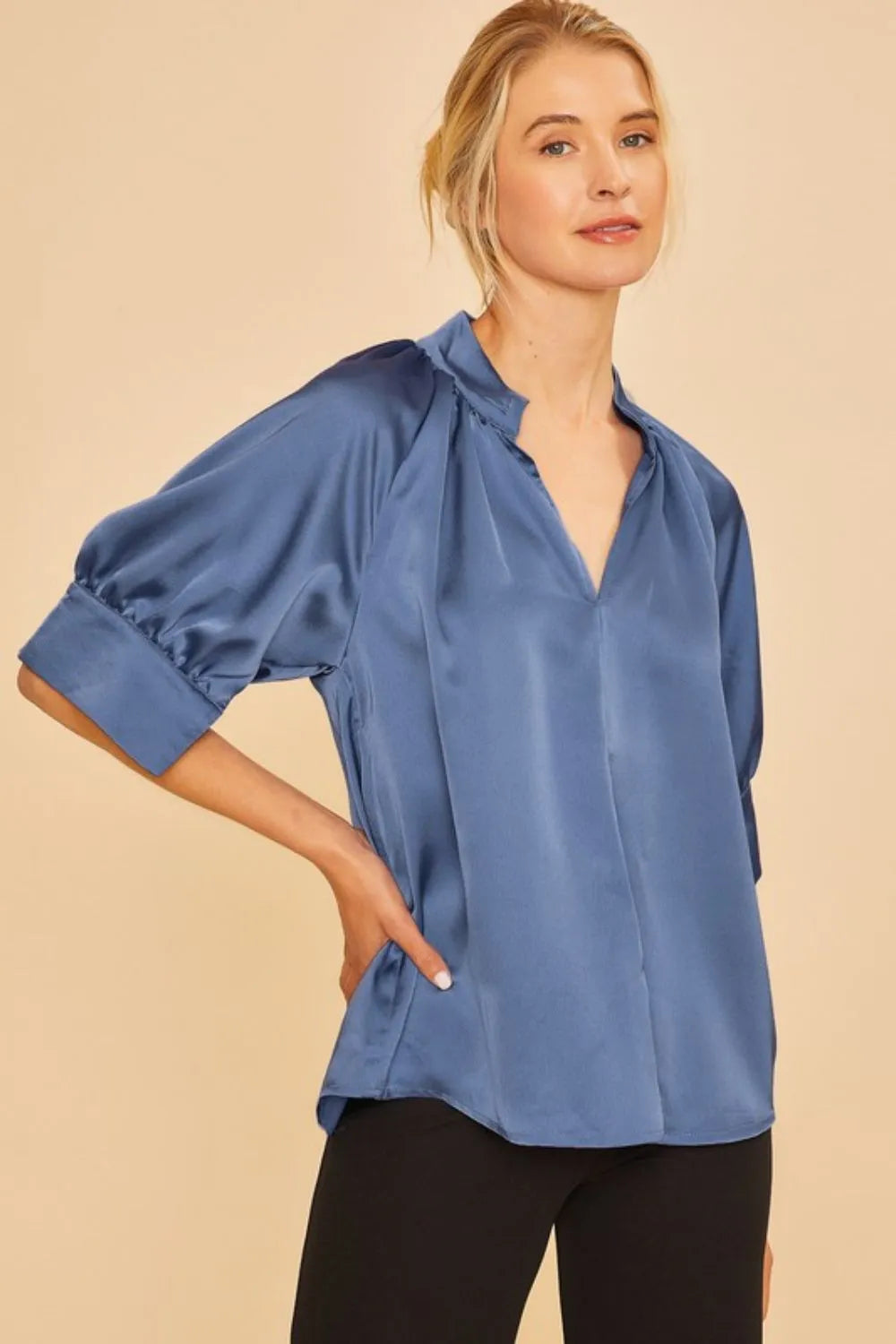 Satin V Neck Open Short Sleeve Woven Blouse Top