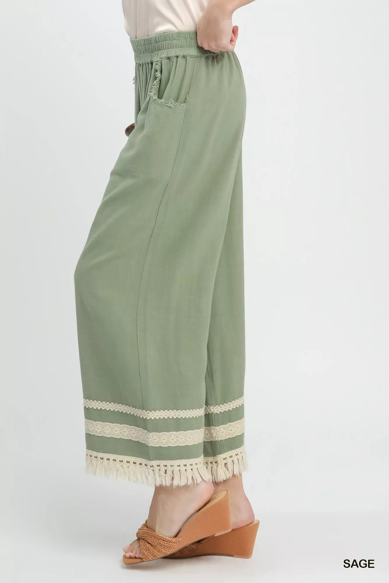 Lace Trim Fringe Hem Wide Leg Pants